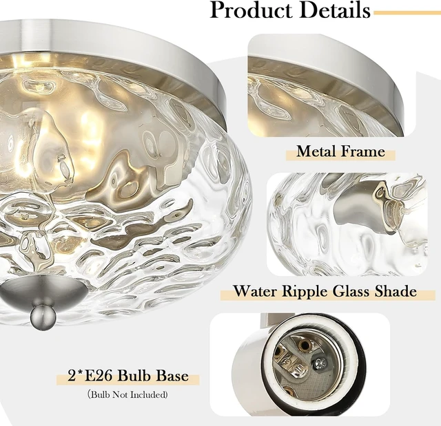 Alt view image 2 of 7 - Darkaway Ceiling Light Fixtures Flush Mount Indoor Outdoor Ceiling Light with Water Ripple Glass Shade for Hallway Kitchen Bedroom Porch Living Room Nickel Finish