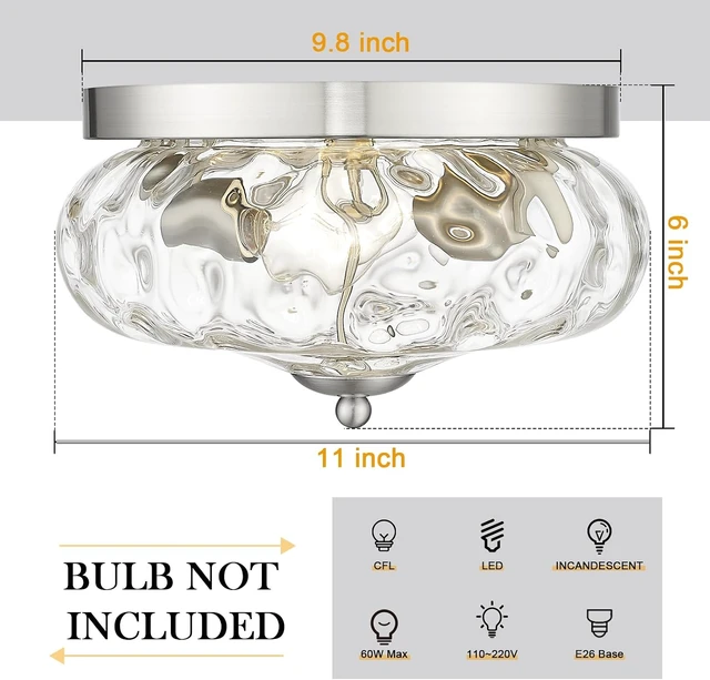 Alt view image 3 of 7 - Darkaway Ceiling Light Fixtures Flush Mount Indoor Outdoor Ceiling Light with Water Ripple Glass Shade for Hallway Kitchen Bedroom Porch Living Room Nickel Finish