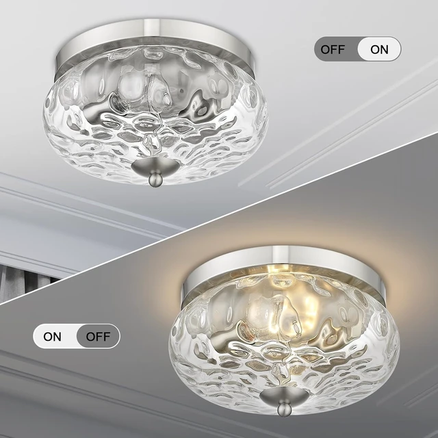 Alt view image 4 of 7 - Darkaway Ceiling Light Fixtures Flush Mount Indoor Outdoor Ceiling Light with Water Ripple Glass Shade for Hallway Kitchen Bedroom Porch Living Room Nickel Finish