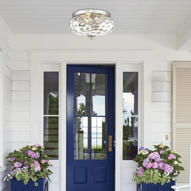 Alt view image 7 of 7 - Darkaway Ceiling Light Fixtures Flush Mount Indoor Outdoor Ceiling Light with Water Ripple Glass Shade for Hallway Kitchen Bedroom Porch Living Room Nickel Finish