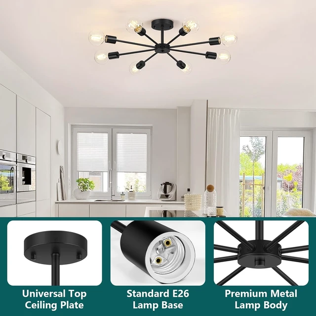 Alt view image 2 of 7 - Lomoky 8-Lights Semi Flush Mount Ceiling Light, Matte Black Hallway Ceiling Lighting with E26 Base, Modern Sputnik Light Fixtures for Kitchen Dining Room Bedroom Living Room