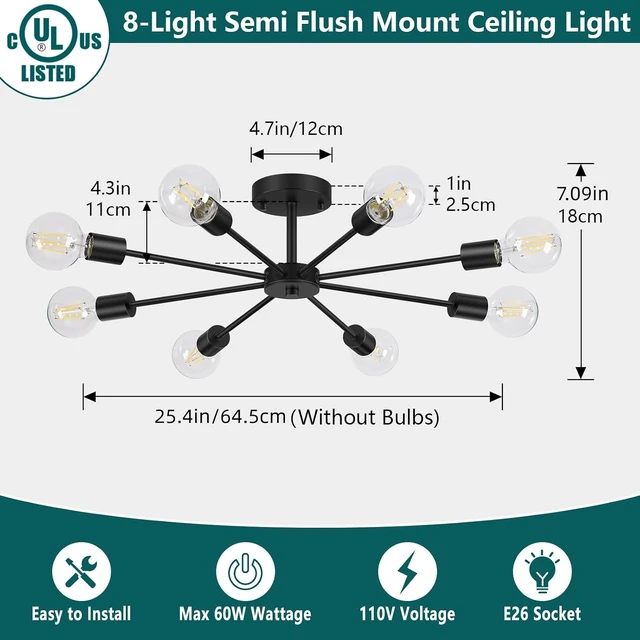 Alt view image 3 of 7 - Lomoky 8-Lights Semi Flush Mount Ceiling Light, Matte Black Hallway Ceiling Lighting with E26 Base, Modern Sputnik Light Fixtures for Kitchen Dining Room Bedroom Living Room