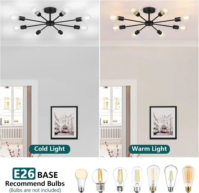 Alt view image 4 of 7 - Lomoky 8-Lights Semi Flush Mount Ceiling Light, Matte Black Hallway Ceiling Lighting with E26 Base, Modern Sputnik Light Fixtures for Kitchen Dining Room Bedroom Living Room