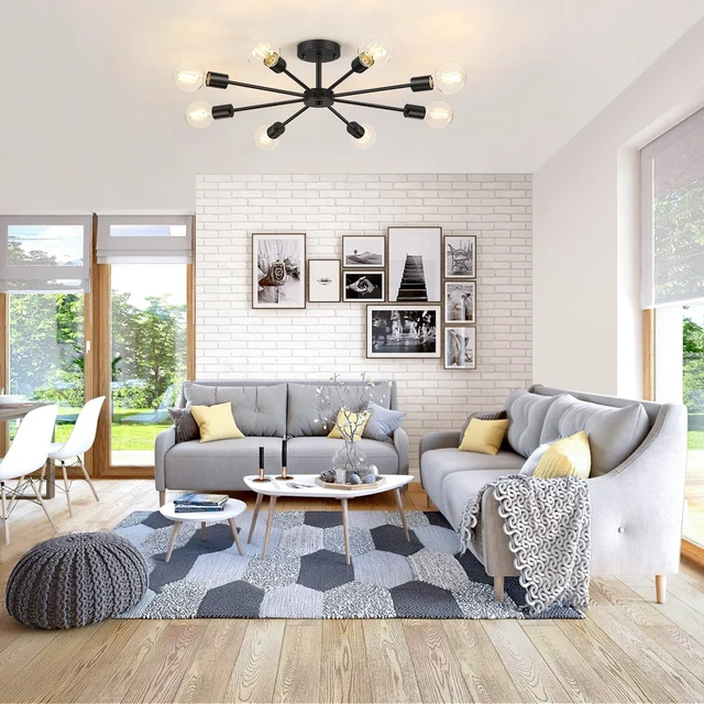 Alt view image 5 of 7 - Lomoky 8-Lights Semi Flush Mount Ceiling Light, Matte Black Hallway Ceiling Lighting with E26 Base, Modern Sputnik Light Fixtures for Kitchen Dining Room Bedroom Living Room