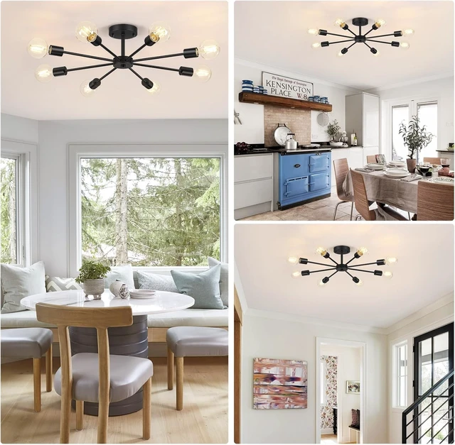 Alt view image 6 of 7 - Lomoky 8-Lights Semi Flush Mount Ceiling Light, Matte Black Hallway Ceiling Lighting with E26 Base, Modern Sputnik Light Fixtures for Kitchen Dining Room Bedroom Living Room
