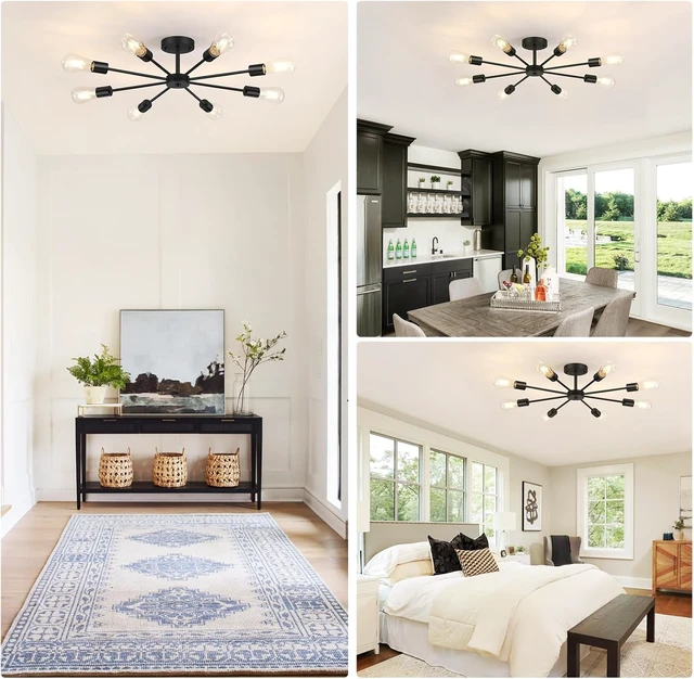 Alt view image 7 of 7 - Lomoky 8-Lights Semi Flush Mount Ceiling Light, Matte Black Hallway Ceiling Lighting with E26 Base, Modern Sputnik Light Fixtures for Kitchen Dining Room Bedroom Living Room