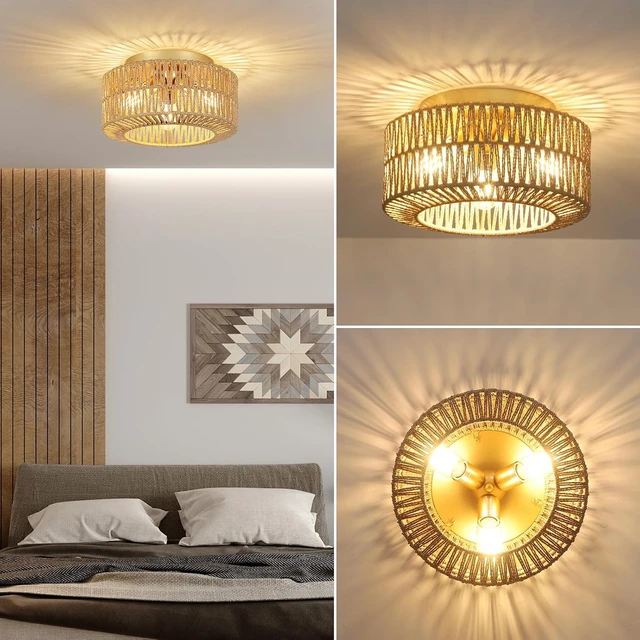 Alt view image 2 of 7 - PAUFUL Boho Light Fixtures, 3-Light Farmhouse Rattan Ceiling Light, Flush Mount with Hand-Woven Shade, Modern Chandelier for Living, Bedroom, Entryway, Kitchen, Nursery