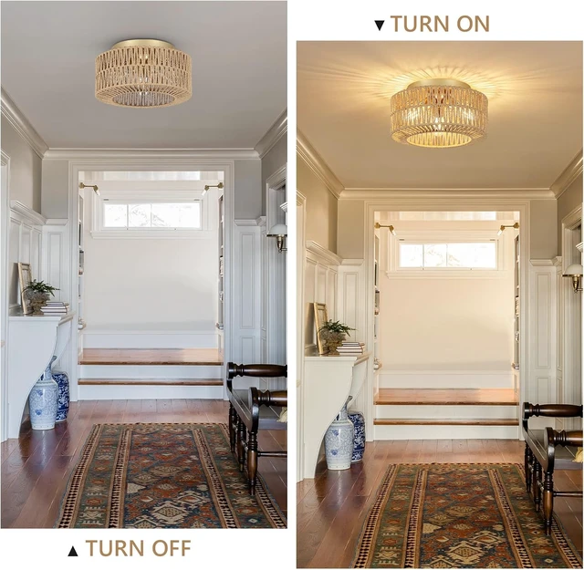 Alt view image 3 of 7 - PAUFUL Boho Light Fixtures, 3-Light Farmhouse Rattan Ceiling Light, Flush Mount with Hand-Woven Shade, Modern Chandelier for Living, Bedroom, Entryway, Kitchen, Nursery