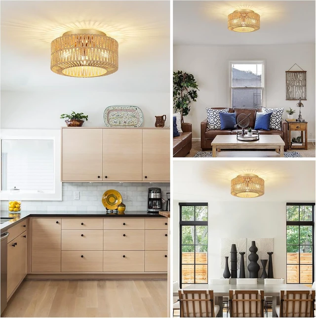 Alt view image 6 of 7 - PAUFUL Boho Light Fixtures, 3-Light Farmhouse Rattan Ceiling Light, Flush Mount with Hand-Woven Shade, Modern Chandelier for Living, Bedroom, Entryway, Kitchen, Nursery