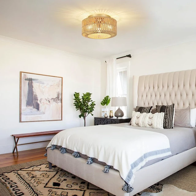 Alt view image 7 of 7 - PAUFUL Boho Light Fixtures, 3-Light Farmhouse Rattan Ceiling Light, Flush Mount with Hand-Woven Shade, Modern Chandelier for Living, Bedroom, Entryway, Kitchen, Nursery