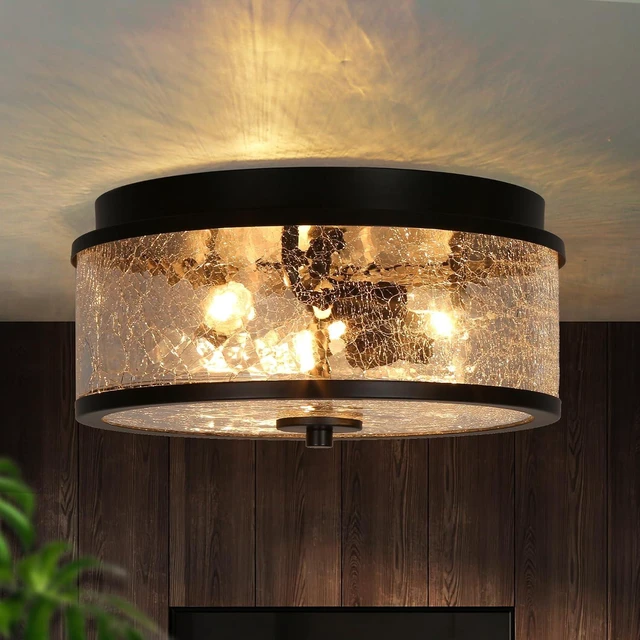 Main image of KSANA Black Flush Mount Ceiling Light, Modern Farmhouse 3-Light Close to Ceiling Light Fixtures with Crackled Glass Shade for Bedroom, Hallway, Foyer, Kitchen and Dining Room