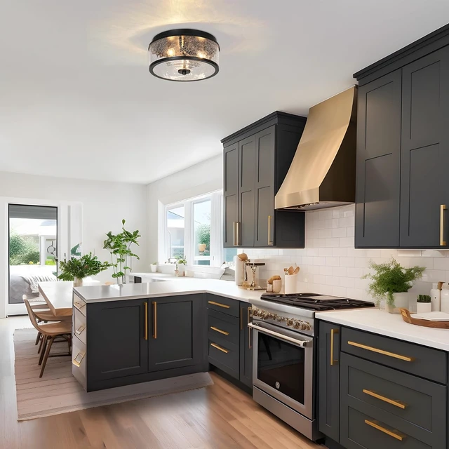 Alt view image 3 of 7 - KSANA Black Flush Mount Ceiling Light, Modern Farmhouse 3-Light Close to Ceiling Light Fixtures with Crackled Glass Shade for Bedroom, Hallway, Foyer, Kitchen and Dining Room