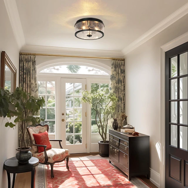 Alt view image 4 of 7 - KSANA Black Flush Mount Ceiling Light, Modern Farmhouse 3-Light Close to Ceiling Light Fixtures with Crackled Glass Shade for Bedroom, Hallway, Foyer, Kitchen and Dining Room