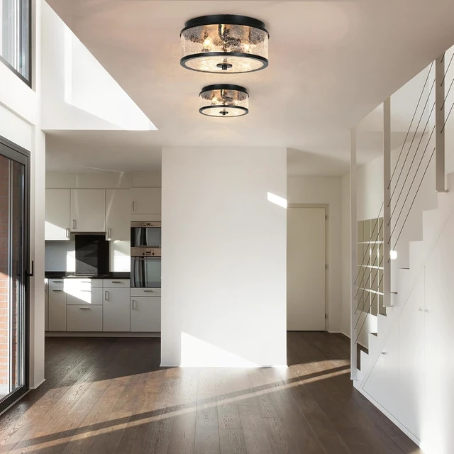 Alt view image 5 of 7 - KSANA Black Flush Mount Ceiling Light, Modern Farmhouse 3-Light Close to Ceiling Light Fixtures with Crackled Glass Shade for Bedroom, Hallway, Foyer, Kitchen and Dining Room