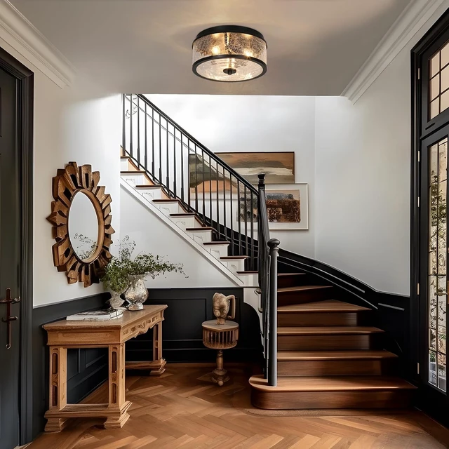 Alt view image 6 of 7 - KSANA Black Flush Mount Ceiling Light, Modern Farmhouse 3-Light Close to Ceiling Light Fixtures with Crackled Glass Shade for Bedroom, Hallway, Foyer, Kitchen and Dining Room