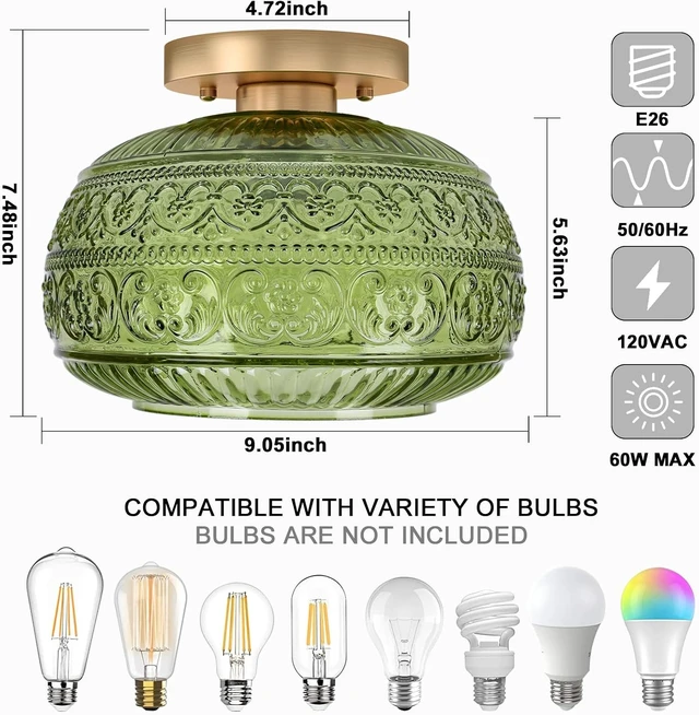 Alt view image 4 of 7 - Vintage Green Semi Flush Mount Ceiling Light for Hallway Kitchen Bedroom