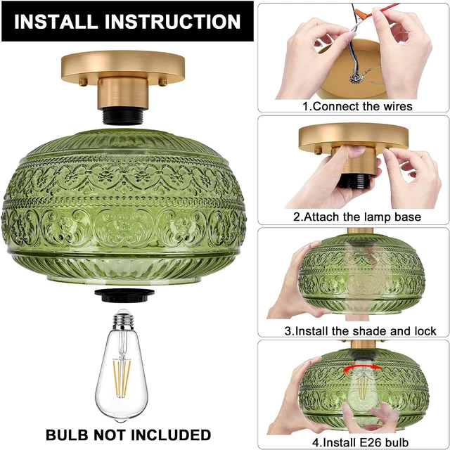 Alt view image 5 of 7 - Vintage Green Semi Flush Mount Ceiling Light for Hallway Kitchen Bedroom