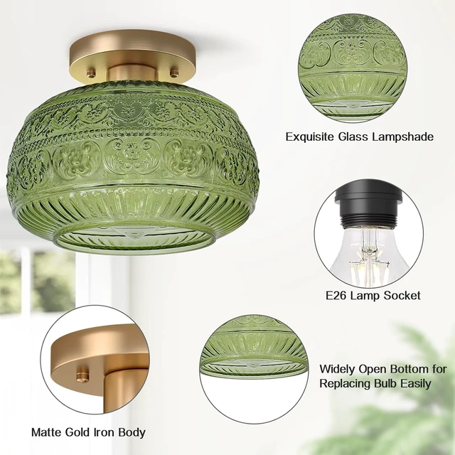 Alt view image 6 of 7 - Vintage Green Semi Flush Mount Ceiling Light for Hallway Kitchen Bedroom