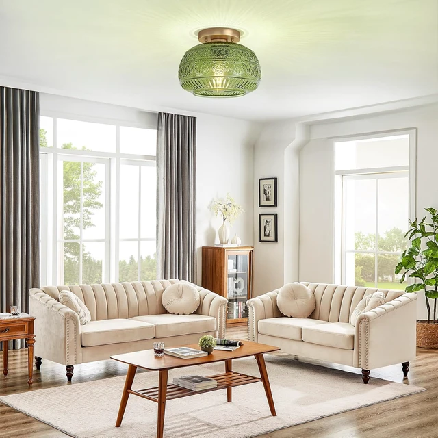 Alt view image 7 of 7 - Vintage Green Semi Flush Mount Ceiling Light for Hallway Kitchen Bedroom