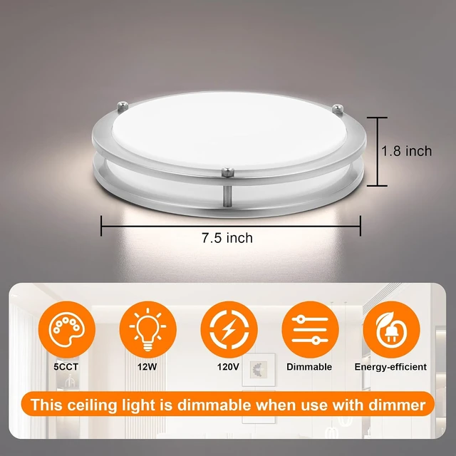 Alt view image 2 of 7 - 7.5 Inch Round Brushed Nickel Ceiling Light Fixture - Flush Mount LED Kitchen Ceiling Lamp 2700K/3000K/3500K/4000K/5000K Adjustable Brushed Nickel Bathroom LED Light for Bedroom 12W