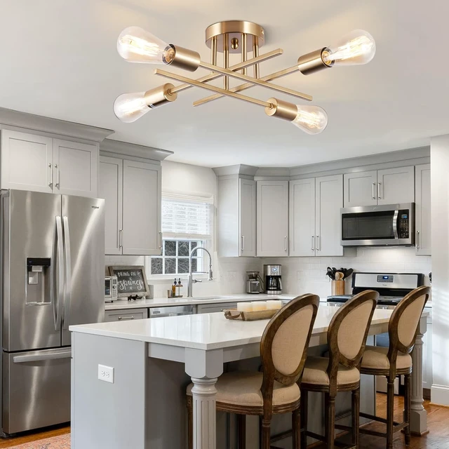 Alt view image 3 of 7 - Sputnik Chandeliers, Modern Semi Flush Mount Ceiling Light with E26 Base, Mid Century Industrial Kitchen Farmhouse Light Fixtures for Bedroom Living Room (Brass, Ceiling 4 Lights)