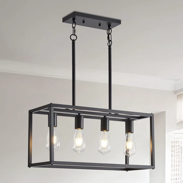 Main image of Lanhall Dining Room Light Fixture 4 Light Black Farmhouse Chandelier Modern Kitchen Island Pendant Lighting Rectangular Hanging Lights for Kitchen Dining Room Adjustable Height Metal E26 Base