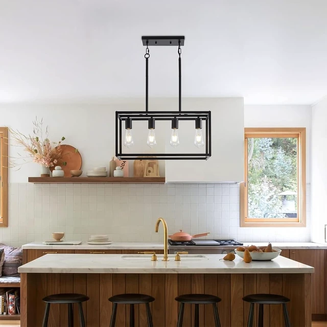 Alt view image 2 of 7 - Lanhall Dining Room Light Fixture 4 Light Black Farmhouse Chandelier Modern Kitchen Island Pendant Lighting Rectangular Hanging Lights for Kitchen Dining Room Adjustable Height Metal E26 Base