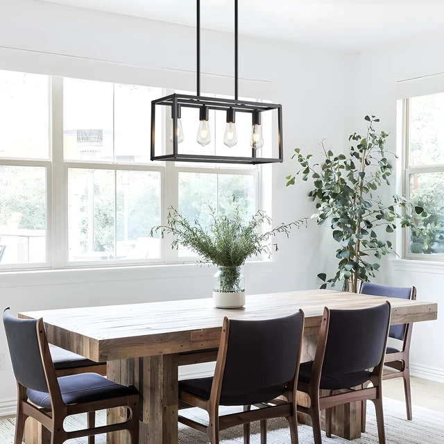 Alt view image 4 of 7 - Lanhall Dining Room Light Fixture 4 Light Black Farmhouse Chandelier Modern Kitchen Island Pendant Lighting Rectangular Hanging Lights for Kitchen Dining Room Adjustable Height Metal E26 Base