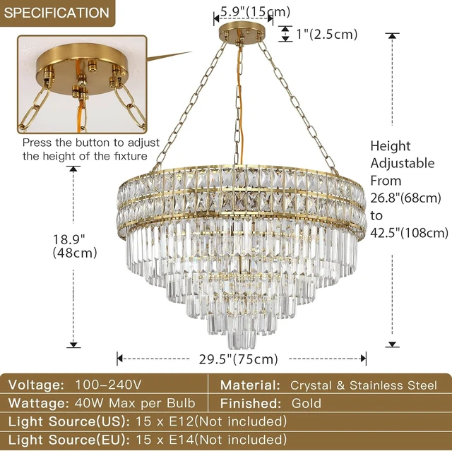 Alt view image 7 of 7 - Modern Crystal Chandelier Gold Finish Light Fixture, Round Crystal Pendant Light Hanging Lamp, for Living Room, Dining Room, Restaurant, E12 x 15, Ø29.5 inch