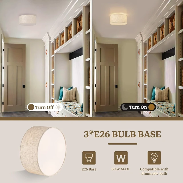 Alt view image 2 of 7 - Vexagyle 13inch Semi Flush Mount Ceiling Light Fixture,3-Light Ceiling Mount Drum Light Fixture with Linen Shade,Modern Close to Ceiling Lamps for Living Room, Bedroom, Dining Room,Hallway