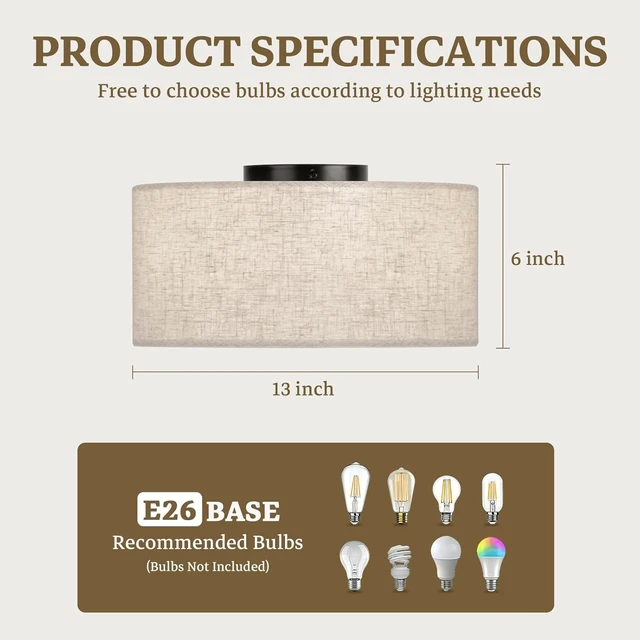 Alt view image 3 of 7 - Vexagyle 13inch Semi Flush Mount Ceiling Light Fixture,3-Light Ceiling Mount Drum Light Fixture with Linen Shade,Modern Close to Ceiling Lamps for Living Room, Bedroom, Dining Room,Hallway