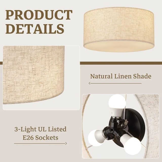 Alt view image 4 of 7 - Vexagyle 13inch Semi Flush Mount Ceiling Light Fixture,3-Light Ceiling Mount Drum Light Fixture with Linen Shade,Modern Close to Ceiling Lamps for Living Room, Bedroom, Dining Room,Hallway