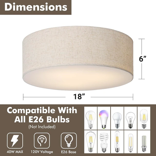 Alt view image 3 of 7 - CALOKES 18-Inch Large Flush Mount Ceiling Light Fixture with Fabric Shade, Modern Drum Closed to Ceiling Lighting for Living Dining Room, Bedroom, Kitchen, Foyer - Farmhouse 3-Light Lamp & Chandelier