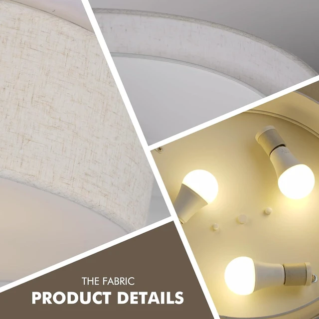 Alt view image 4 of 7 - CALOKES 18-Inch Large Flush Mount Ceiling Light Fixture with Fabric Shade, Modern Drum Closed to Ceiling Lighting for Living Dining Room, Bedroom, Kitchen, Foyer - Farmhouse 3-Light Lamp & Chandelier