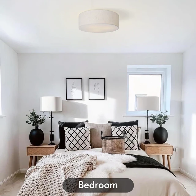 Alt view image 6 of 7 - CALOKES 18-Inch Large Flush Mount Ceiling Light Fixture with Fabric Shade, Modern Drum Closed to Ceiling Lighting for Living Dining Room, Bedroom, Kitchen, Foyer - Farmhouse 3-Light Lamp & Chandelier