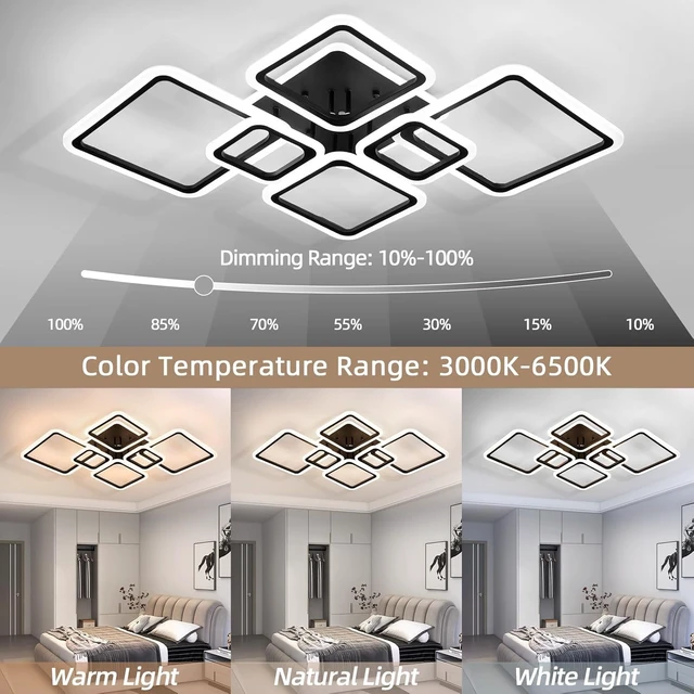 Alt view image 2 of 7 - Modern Ceiling Light, 36.2'' LED Dimmable Acrylic Square 6+1 Rings Ceiling Lights with Remote, Black Flush Mount Ceiling Light Fixture for Low Ceiling Bedroom Living Room Dining Room, 130W