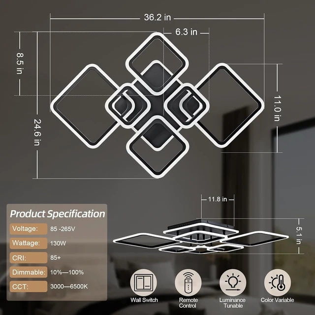 Alt view image 3 of 7 - Modern Ceiling Light, 36.2'' LED Dimmable Acrylic Square 6+1 Rings Ceiling Lights with Remote, Black Flush Mount Ceiling Light Fixture for Low Ceiling Bedroom Living Room Dining Room, 130W