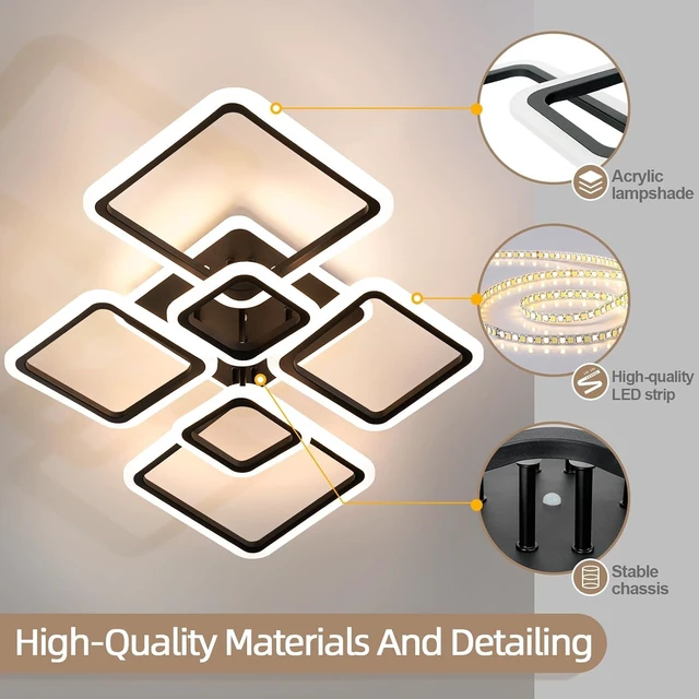 Alt view image 4 of 7 - Modern Ceiling Light, 36.2'' LED Dimmable Acrylic Square 6+1 Rings Ceiling Lights with Remote, Black Flush Mount Ceiling Light Fixture for Low Ceiling Bedroom Living Room Dining Room, 130W