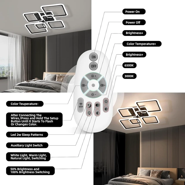 Alt view image 5 of 7 - Modern Ceiling Light, 36.2'' LED Dimmable Acrylic Square 6+1 Rings Ceiling Lights with Remote, Black Flush Mount Ceiling Light Fixture for Low Ceiling Bedroom Living Room Dining Room, 130W