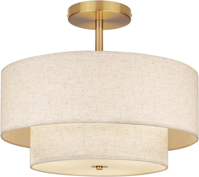 Main image of 18 Inch Large Semi Flush Mount Ceiling Light Fixture with Dual Drum Design, Gold Farmhouse Fabric Linen Shade for Bedroom, Living Room, Kitchen, and Dining - Modern Chandelier Lamp