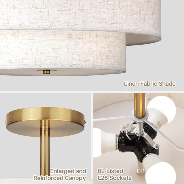 Alt view image 3 of 7 - 18 Inch Large Semi Flush Mount Ceiling Light Fixture with Dual Drum Design, Gold Farmhouse Fabric Linen Shade for Bedroom, Living Room, Kitchen, and Dining - Modern Chandelier Lamp