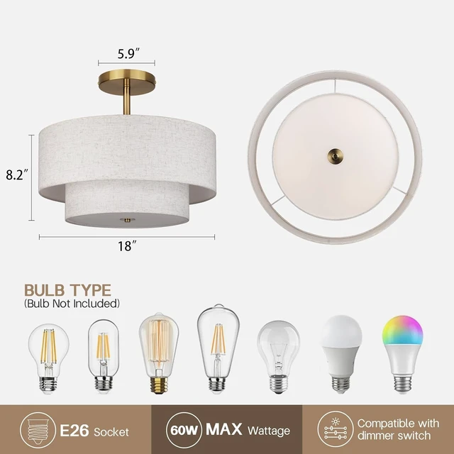 Alt view image 2 of 7 - 18 Inch Large Semi Flush Mount Ceiling Light Fixture with Dual Drum Design, Gold Farmhouse Fabric Linen Shade for Bedroom, Living Room, Kitchen, and Dining - Modern Chandelier Lamp
