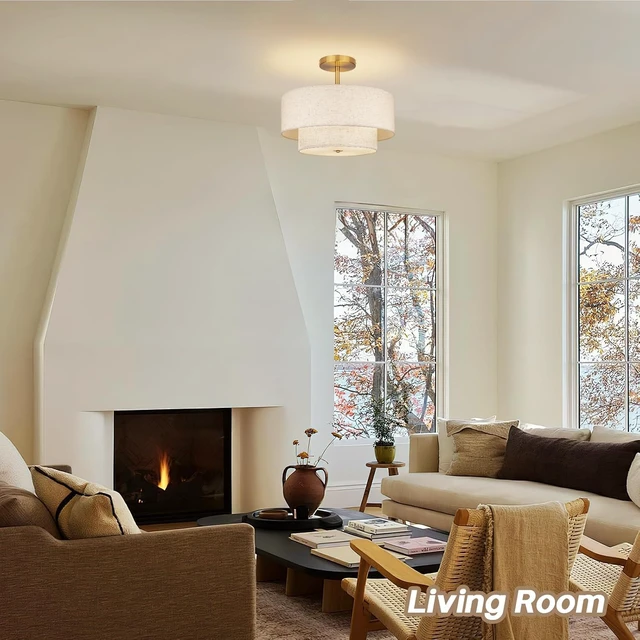 Alt view image 5 of 7 - 18 Inch Large Semi Flush Mount Ceiling Light Fixture with Dual Drum Design, Gold Farmhouse Fabric Linen Shade for Bedroom, Living Room, Kitchen, and Dining - Modern Chandelier Lamp