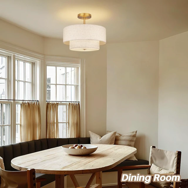 Alt view image 6 of 7 - 18 Inch Large Semi Flush Mount Ceiling Light Fixture with Dual Drum Design, Gold Farmhouse Fabric Linen Shade for Bedroom, Living Room, Kitchen, and Dining - Modern Chandelier Lamp