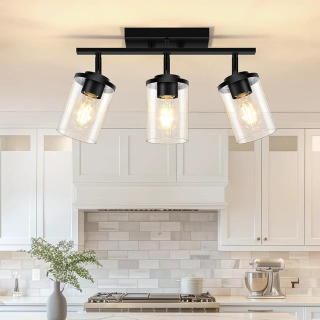 Main image of FadimiKoo 3-Lights Semi Flush Mount Ceiling Light, Adjustable Kitchen Light Fixtures Ceiling Mount with Clear Glass Shades, Rotatable Black Track Lighting Fixtures for Hallway, Foyer, Bedroom