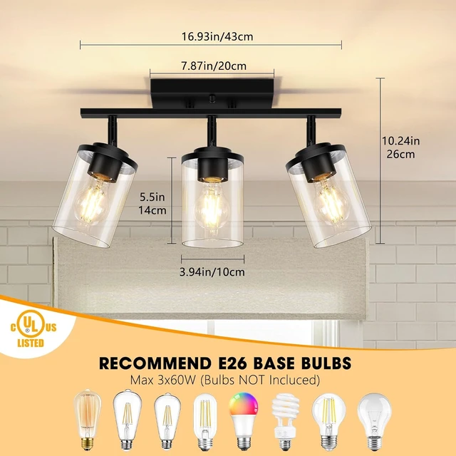 Alt view image 2 of 7 - FadimiKoo 3-Lights Semi Flush Mount Ceiling Light, Adjustable Kitchen Light Fixtures Ceiling Mount with Clear Glass Shades, Rotatable Black Track Lighting Fixtures for Hallway, Foyer, Bedroom