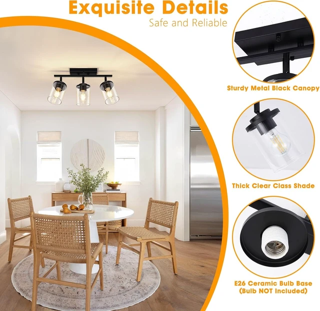 Alt view image 3 of 7 - FadimiKoo 3-Lights Semi Flush Mount Ceiling Light, Adjustable Kitchen Light Fixtures Ceiling Mount with Clear Glass Shades, Rotatable Black Track Lighting Fixtures for Hallway, Foyer, Bedroom