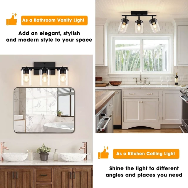 Alt view image 5 of 7 - FadimiKoo 3-Lights Semi Flush Mount Ceiling Light, Adjustable Kitchen Light Fixtures Ceiling Mount with Clear Glass Shades, Rotatable Black Track Lighting Fixtures for Hallway, Foyer, Bedroom