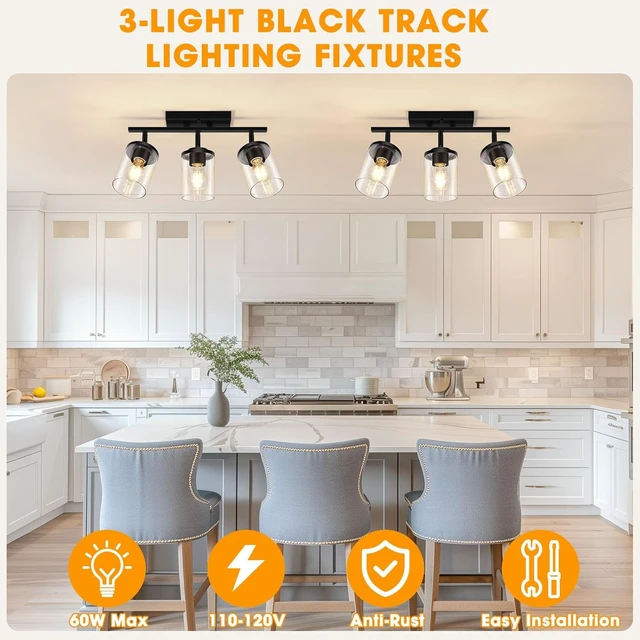 Alt view image 6 of 7 - FadimiKoo 3-Lights Semi Flush Mount Ceiling Light, Adjustable Kitchen Light Fixtures Ceiling Mount with Clear Glass Shades, Rotatable Black Track Lighting Fixtures for Hallway, Foyer, Bedroom