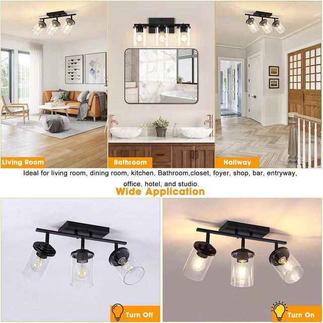 Alt view image 7 of 7 - FadimiKoo 3-Lights Semi Flush Mount Ceiling Light, Adjustable Kitchen Light Fixtures Ceiling Mount with Clear Glass Shades, Rotatable Black Track Lighting Fixtures for Hallway, Foyer, Bedroom
